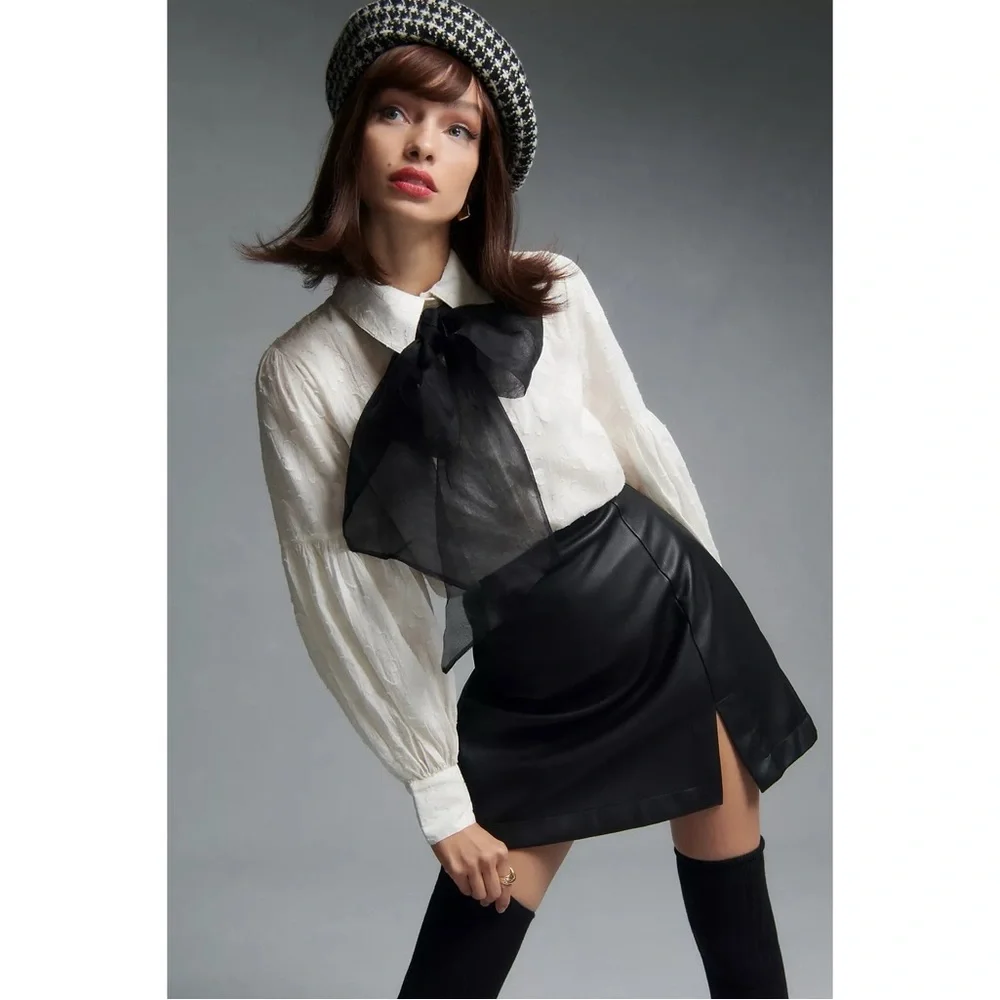 Anthropologie Forever That Girl Tie-Neck Long Sleeve Blouse in White & Black - Picture 5 of 11